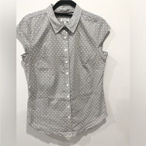 White & Gray Pinstriped + Square Polka Dot Button-Up Collared Short Sleeve Shirt